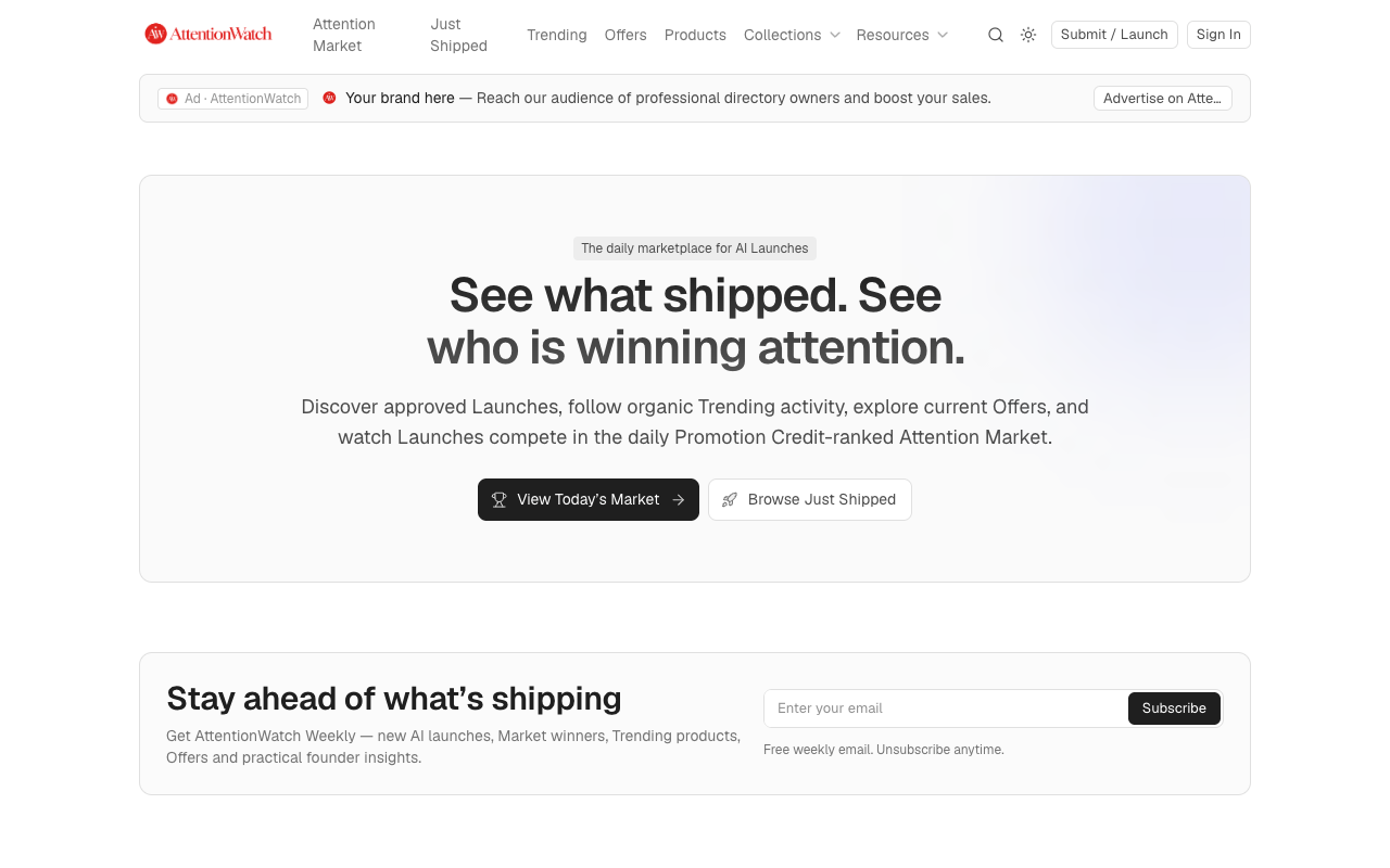 AttentionWatch homepage showing its AI launch discovery platform